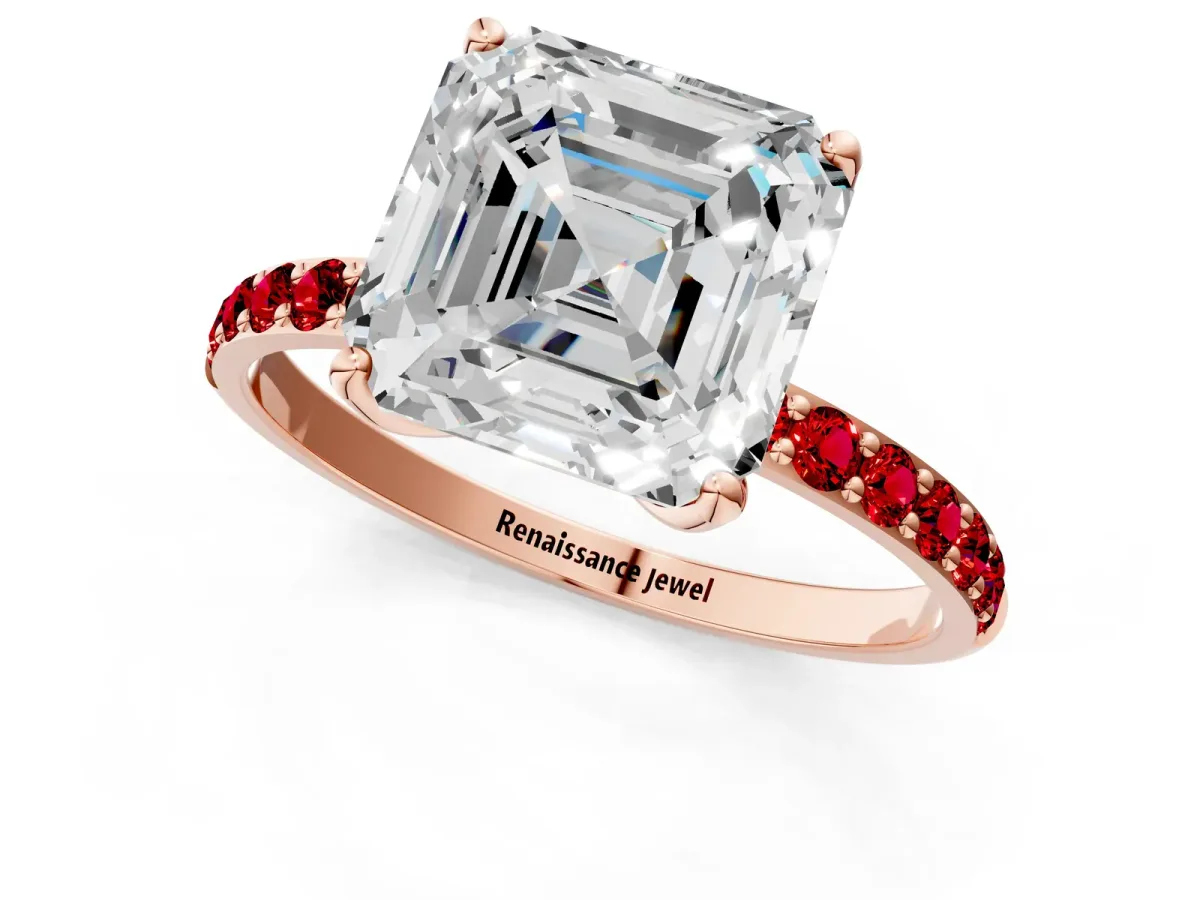 Asscher Cut Diamond Solitaire Engagement Ring with Round Ruby Pavé Band and Prong Setting Rose gold