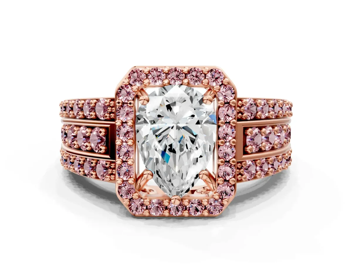 Pear Cut Halo Diamond Ring with Round Morganite Split Shank and Prong Setting Rose gold
