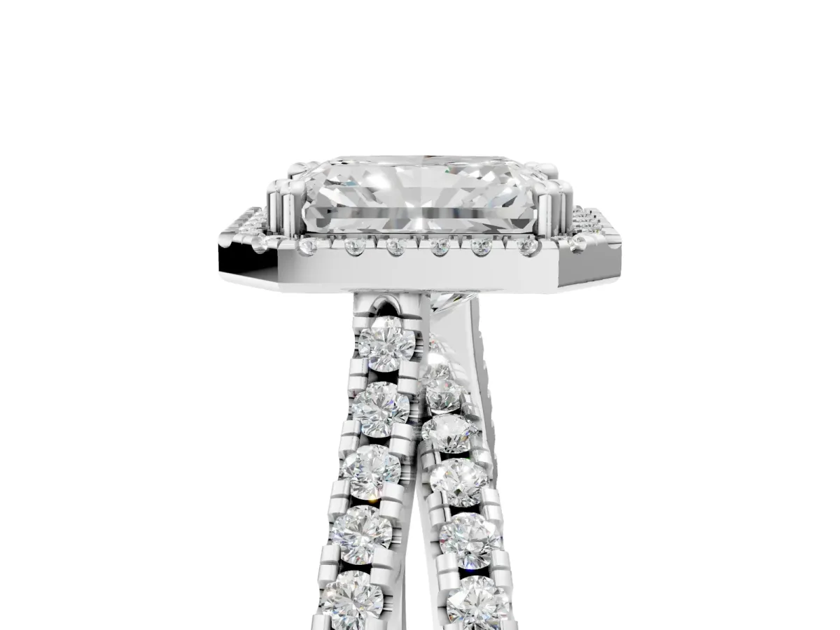 Radiant Cut Halo Split Shank Diamond Ring with Pavé Setting Platinum