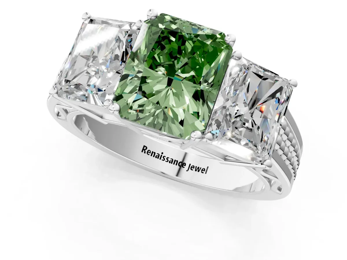 Fancy Green Radiant Cut Diamond Three-Stone Ring with Prong Setting and Textured Band Platinum