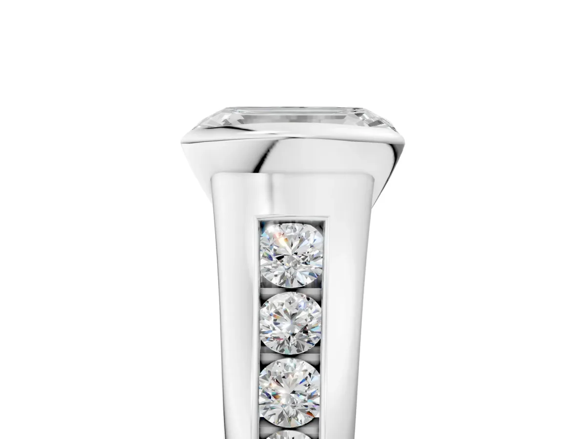 Emerald Cut Solitaire Bezel-Set Diamond Ring with Channel-Set Band Platinum