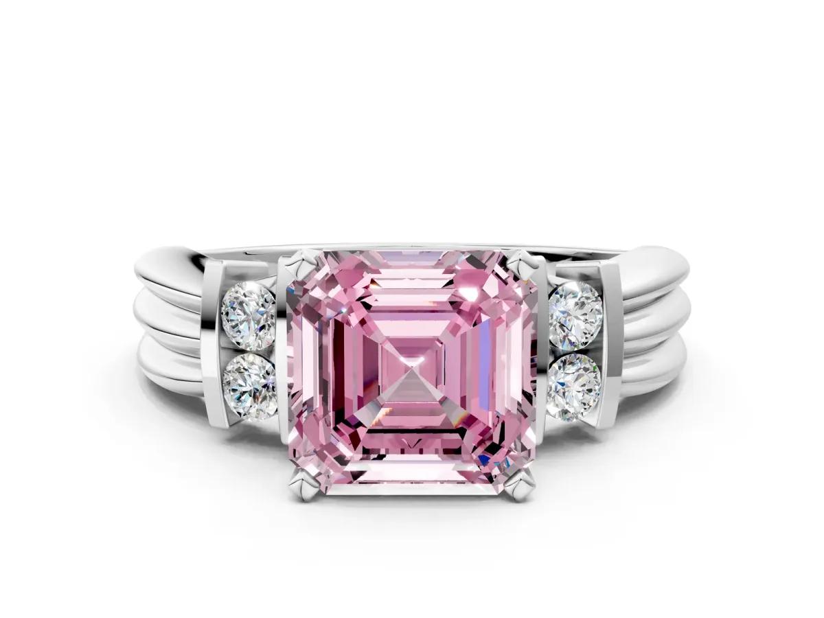 Fancy Pink Asscher Cut Cut Three-Stone Channel Set Ring with Bar Prongs Platinum