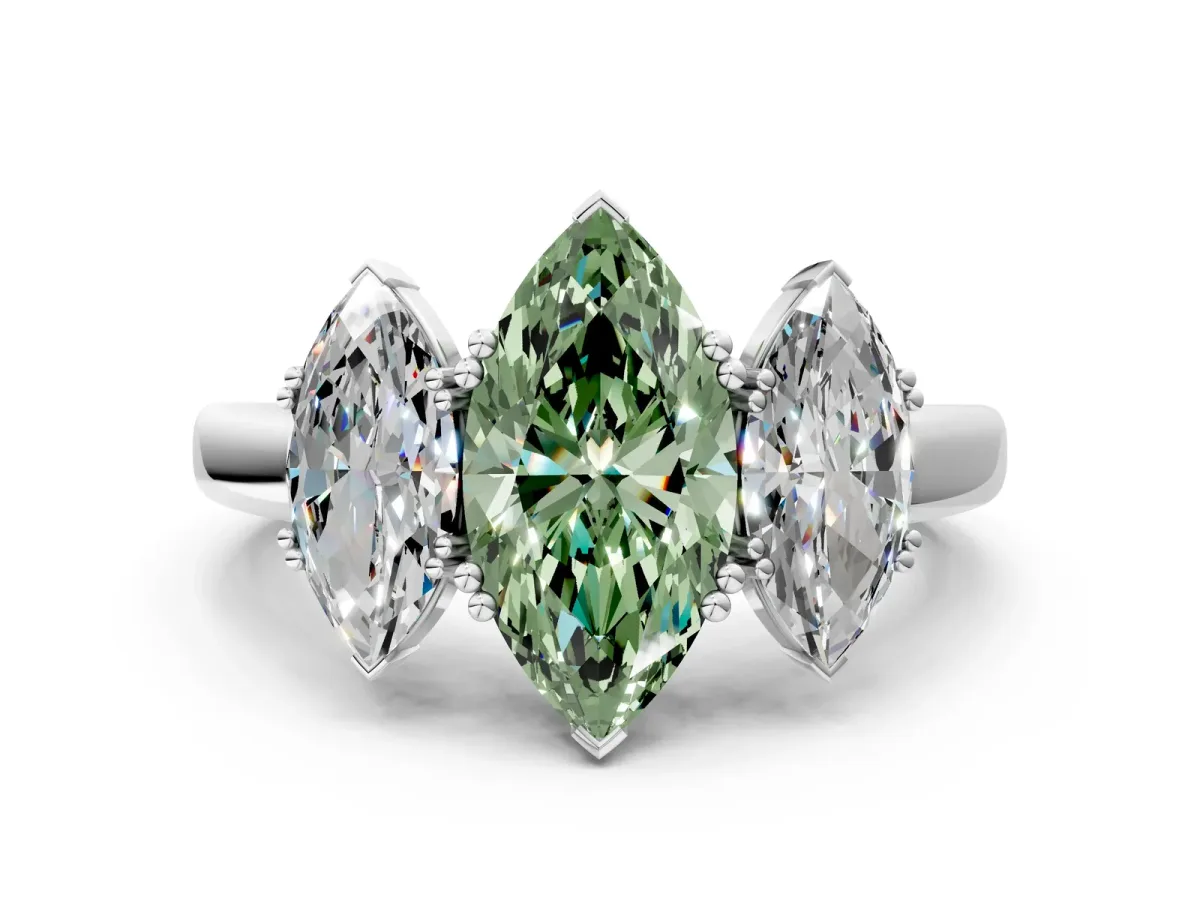 Fancy Green Three-Stone Marquise Cut Cut Diamond Ring with Channel Set Band and Four-Prong Setting Silver