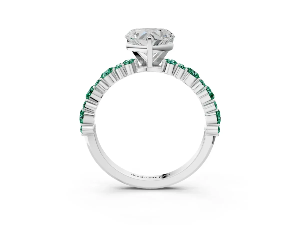 Heart Cut Diamond Side Stone Solitaire Ring with Round Green Sapphire and Four-Prong Setting Silver