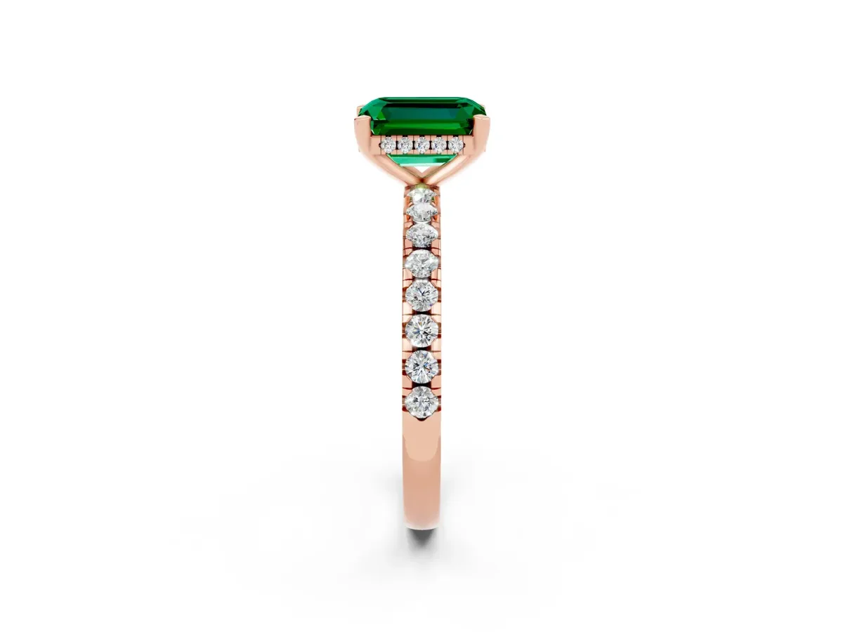 Emerald Cut Emerald Solitaire Ring with Round Pavé Band and Four-Prong Setting Rose gold