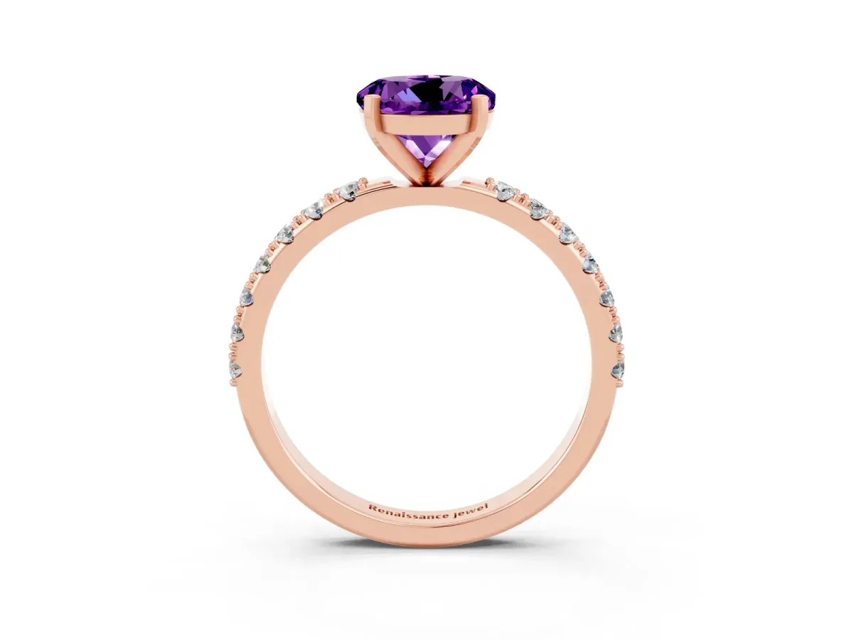 Round Cut Amethyst Solitaire Pavé Band with Four-Prong Setting Rose gold