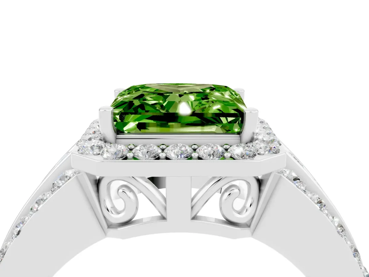 Princess Cut Halo Peridot Ring with Round Split Shank and Prong Setting Platinum