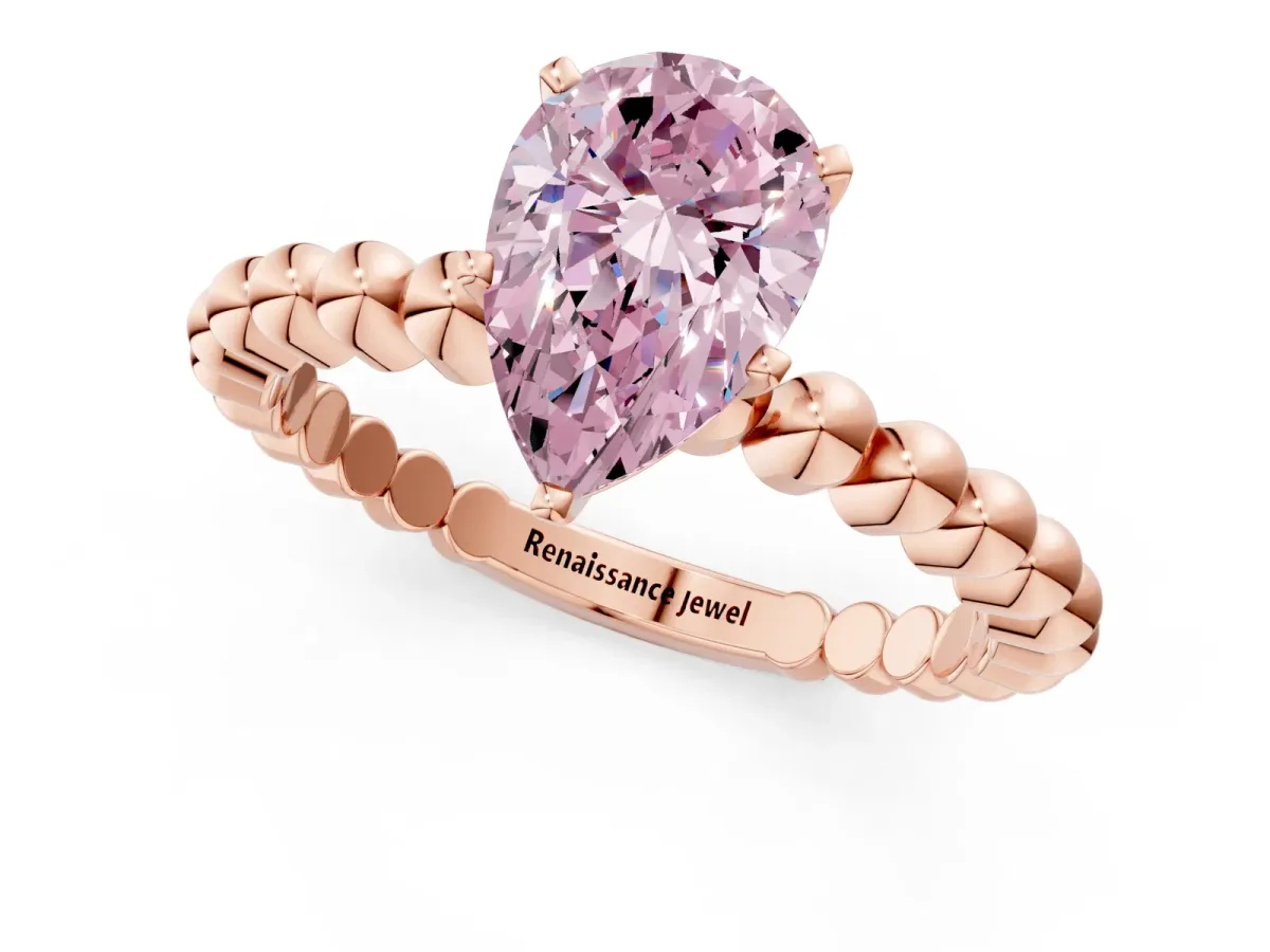 Fancy Pink Pear Cut Diamond Solitaire Ring with Beaded Band and Prong Setting Rose gold