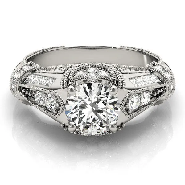 Vintage Milgrain Round Cut Diamond Split Shank Ring with Prong Setting Silver