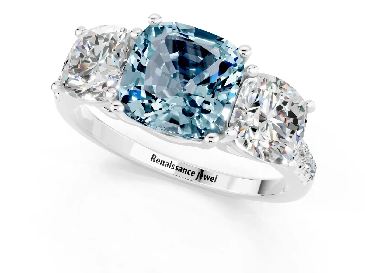 Three-Stone Cushion Cut Aquamarine Ring with Round Pavé Band and Prong Setting Silver