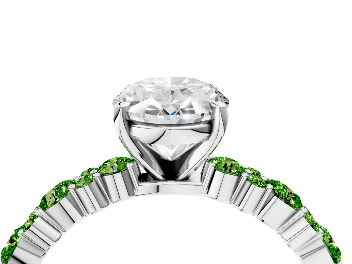 Oval Cut Diamond Side Stone Solitaire Ring with Round Peridot and Four-Prong Setting White gold