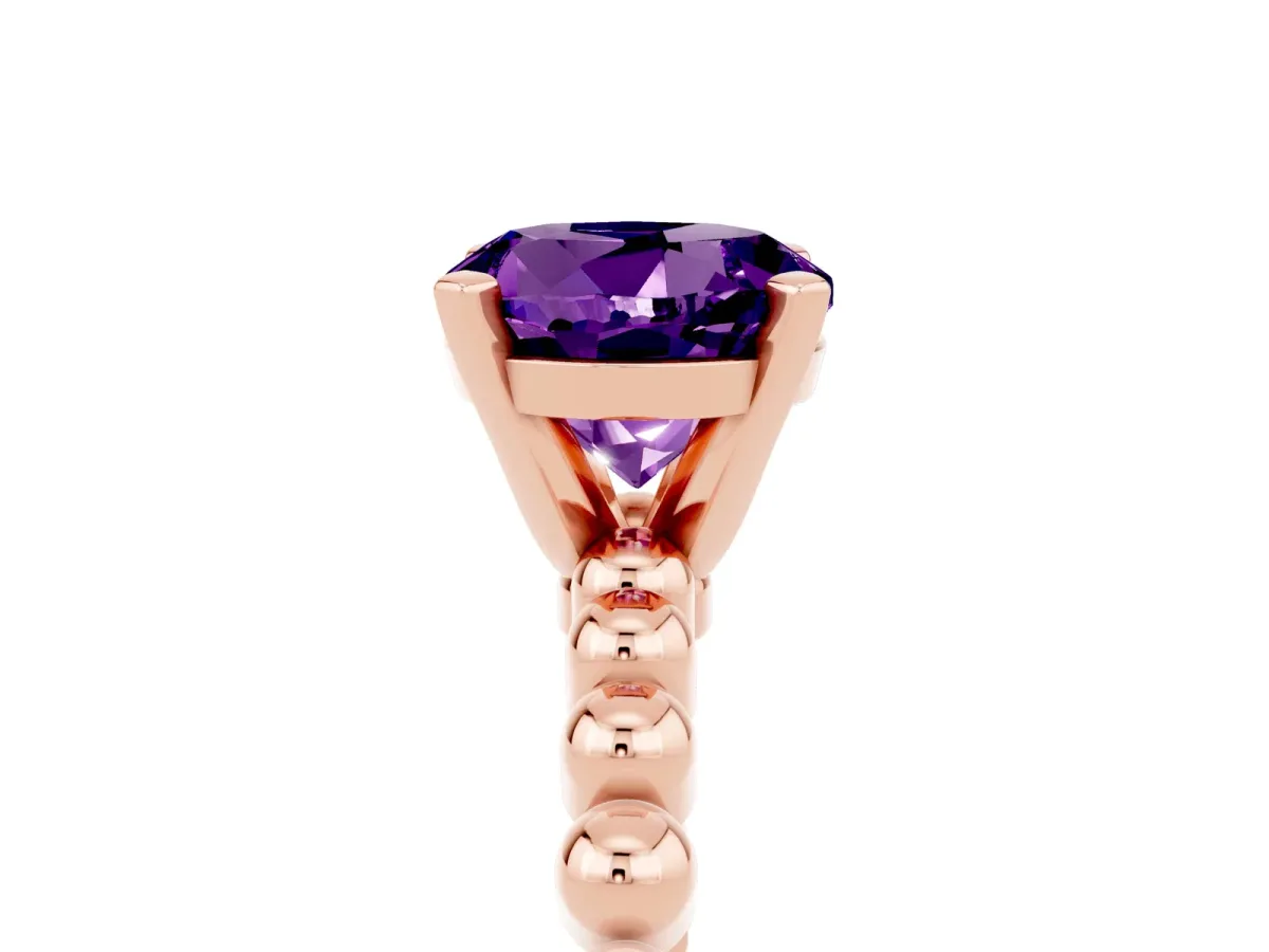 Round Cut Amethyst Solitaire Ring with Beaded Band and Prong Setting Rose gold