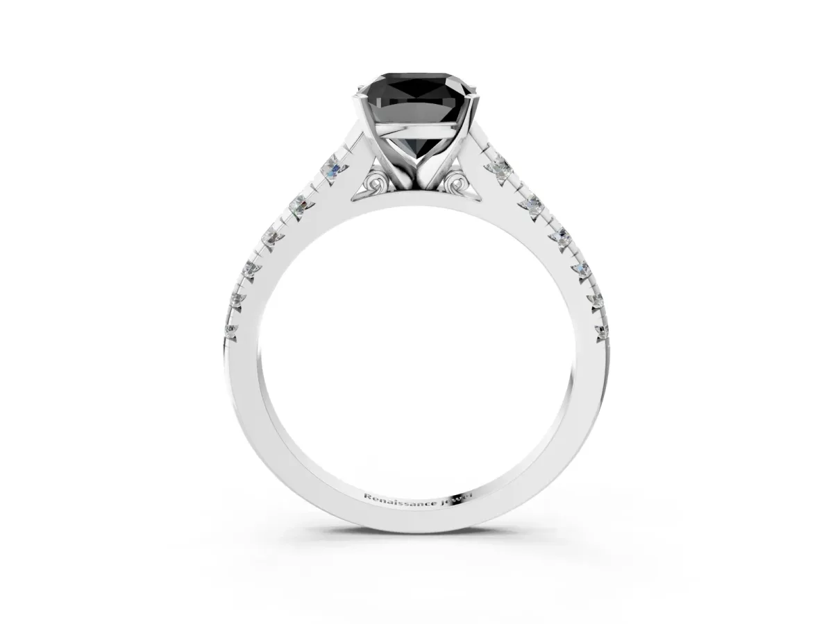 Fancy Black Cushion Cut Diamond Cathedral Solitaire Ring with Round Pavé Band Silver