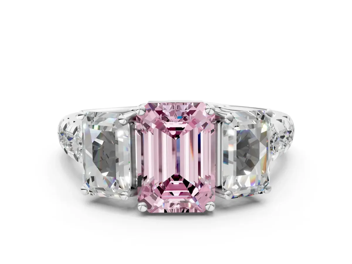 Fancy Pink Three-Stone Emerald Cut Diamond Pavé Band with Prong Setting Platinum