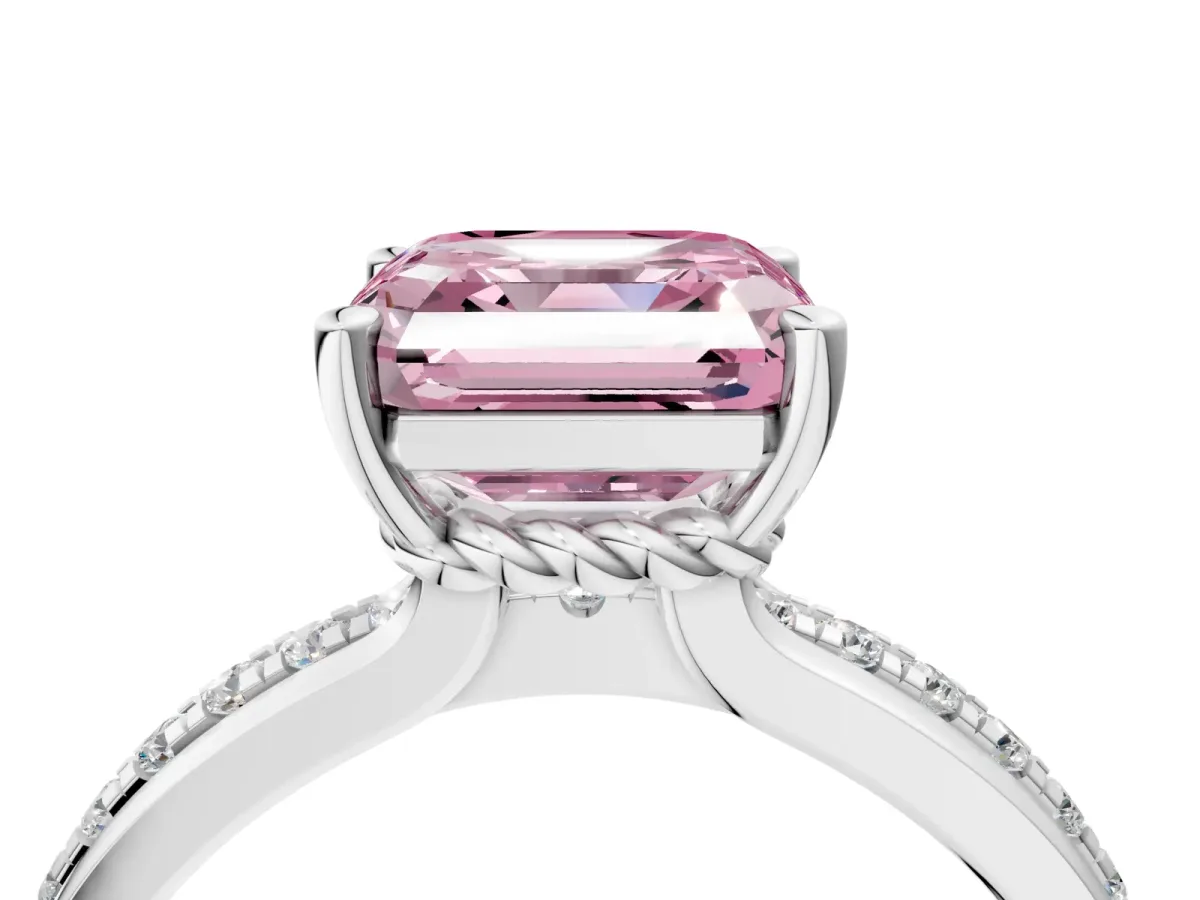 Fancy Pink Asscher Cut Solitaire Diamond Ring with Channel Set Band and Six-Prong Setting Platinum