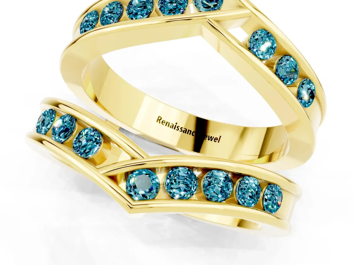 Round Blue Topaz Channel-Set Chevron Band Yellow gold