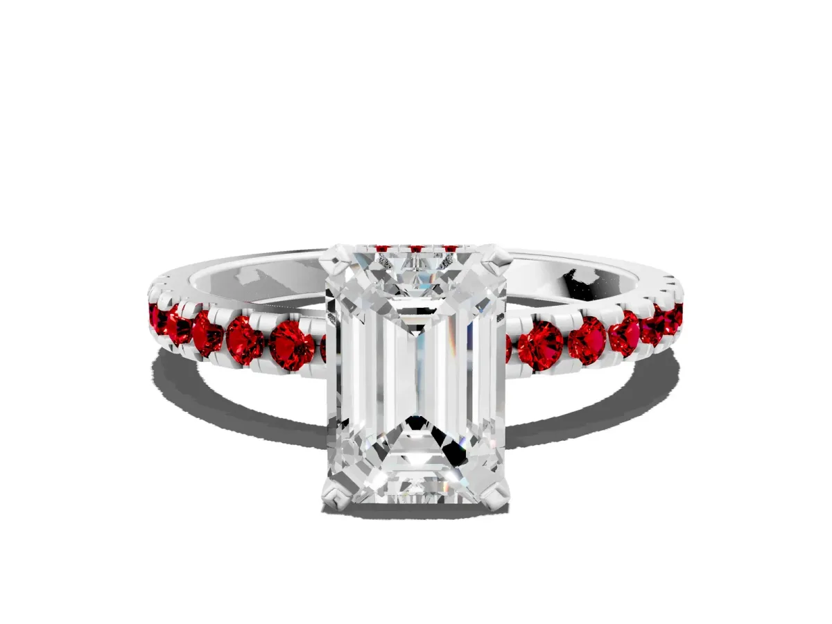 Emerald Cut Diamond Solitaire Ring with Round Ruby Pavé Band and Four-Prong Setting White gold