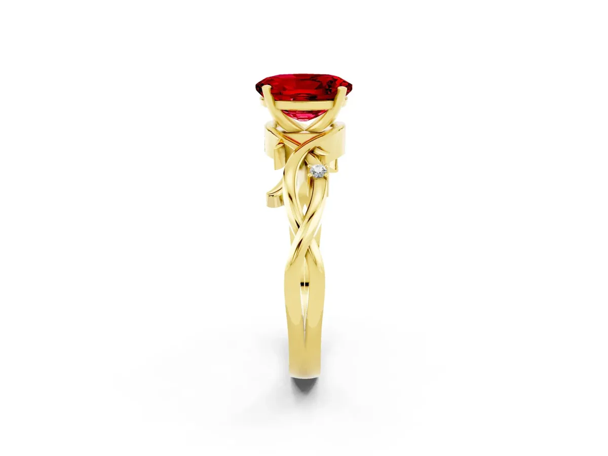 Oval Cut Ruby Solitaire Ring with Twisted Band and Prong Setting Yellow gold