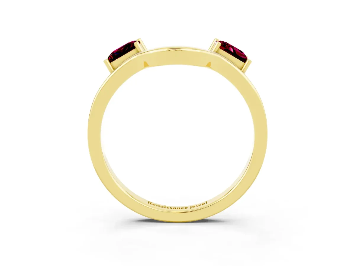 Princess Cut Garnet Two-Stone Open Band Ring with Four-Prong Setting Yellow gold
