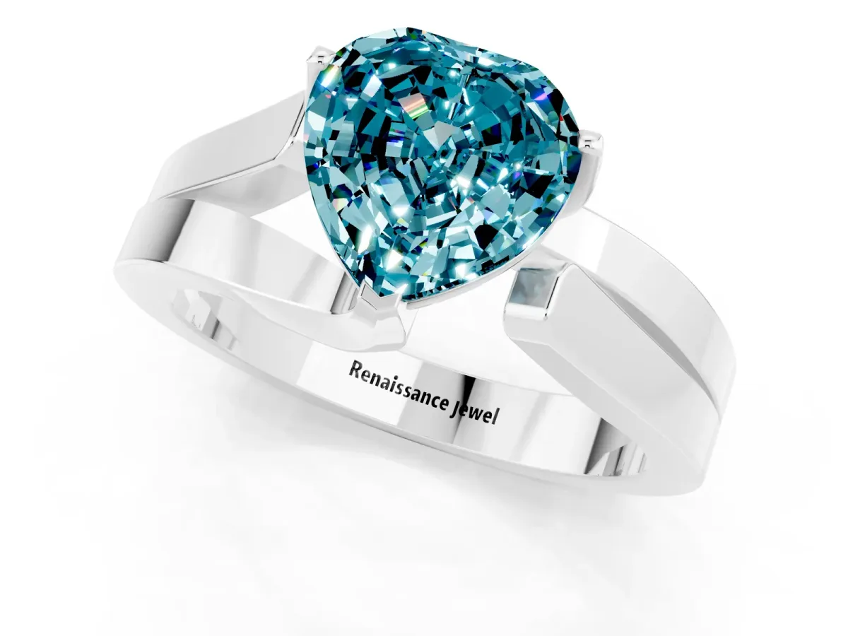 Modern Tension Set Heart Cut Blue Topaz Solitaire Wide Band Ring Silver