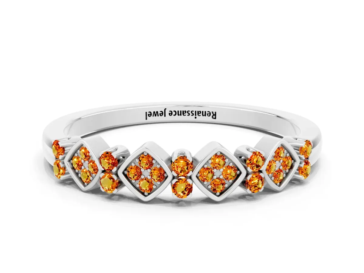 Pavé Cushion Citrine Cluster Eternity Band with Prong Setting Silver