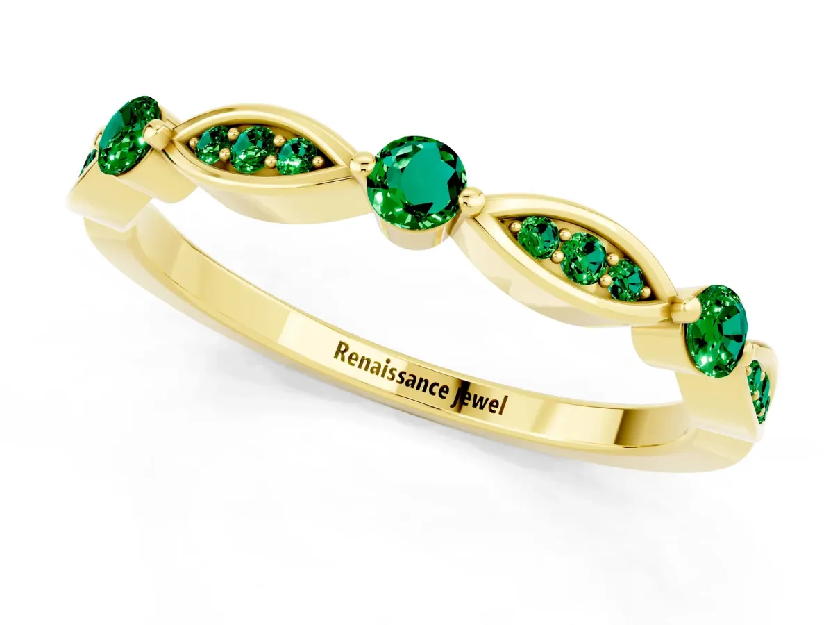 Marquise and Round Emerald Milgrain Band with Bezel Setting Yellow gold