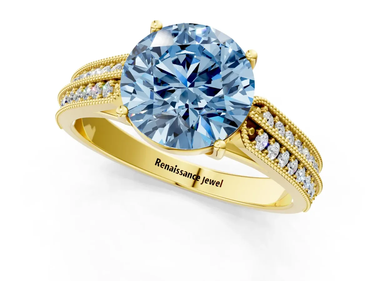 Fancy Blue Round Cut Cut Pave Split Shank Engagement Ring with Four-Prong Setting Yellow gold