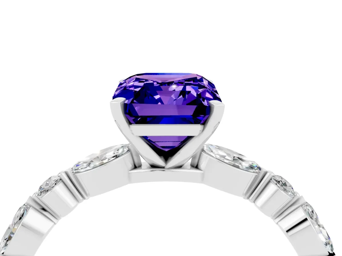 Emerald Cut Tanzanite Ring with Marquise and Round Side Stones and Four-Prong Setting Silver