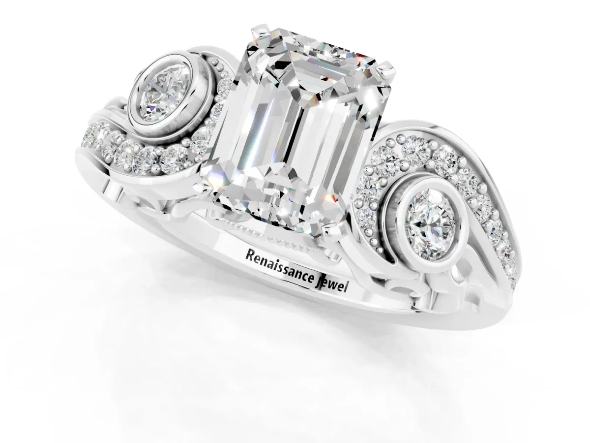 Emerald Cut Moissanite Solitaire Ring with Milgrain Pavé Band and Four-Prong Setting Silver