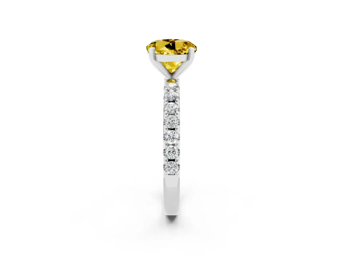 Round Cut Yellow Sapphire Solitaire Pavé Band with Four-Prong Setting Silver