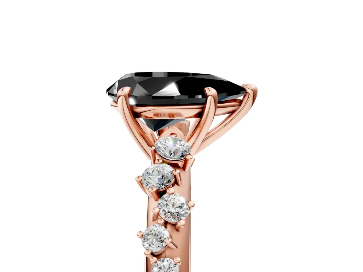 Fancy Black Pear Cut Diamond Cluster Side Stone Solitaire Ring with Prong Setting Rose gold