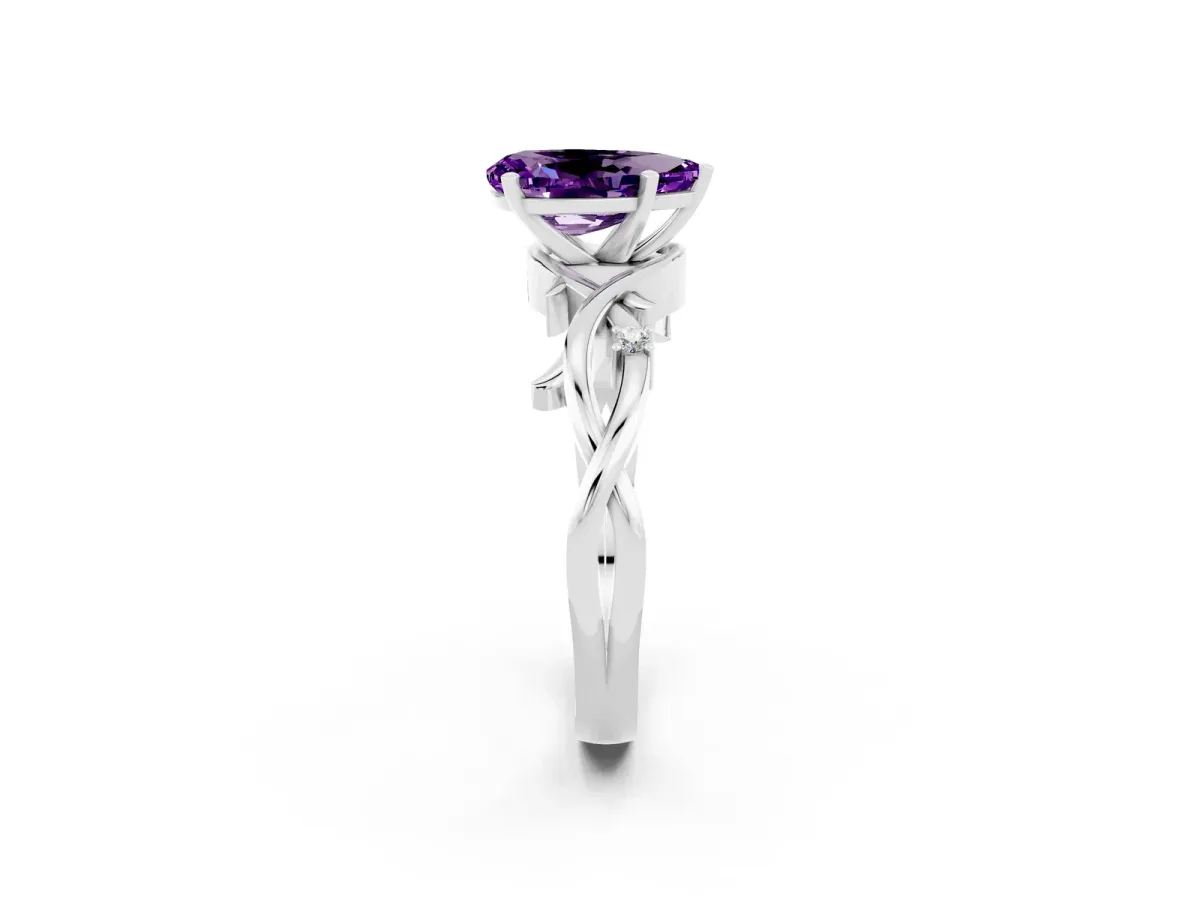 Pear Cut Amethyst Solitaire Ring with Twisted Band and Prong Setting White gold