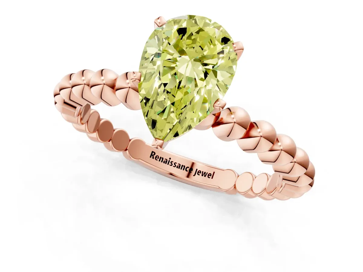 Fancy Yellow Pear Cut Diamond Solitaire Ring with Beaded Band and Prong Setting Rose gold