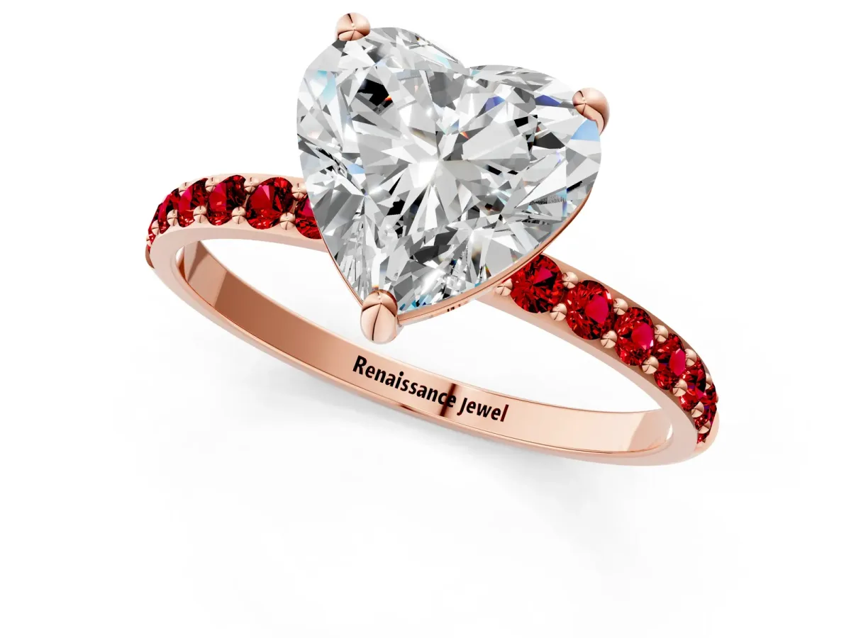 Heart Cut Diamond Solitaire Ring with Round Ruby Pavé Band and Prong Setting Rose gold