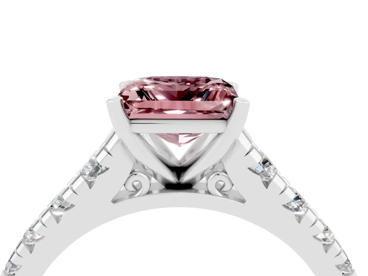 Princess Cut Morganite Cathedral Solitaire Ring with Round Pavé Band Silver