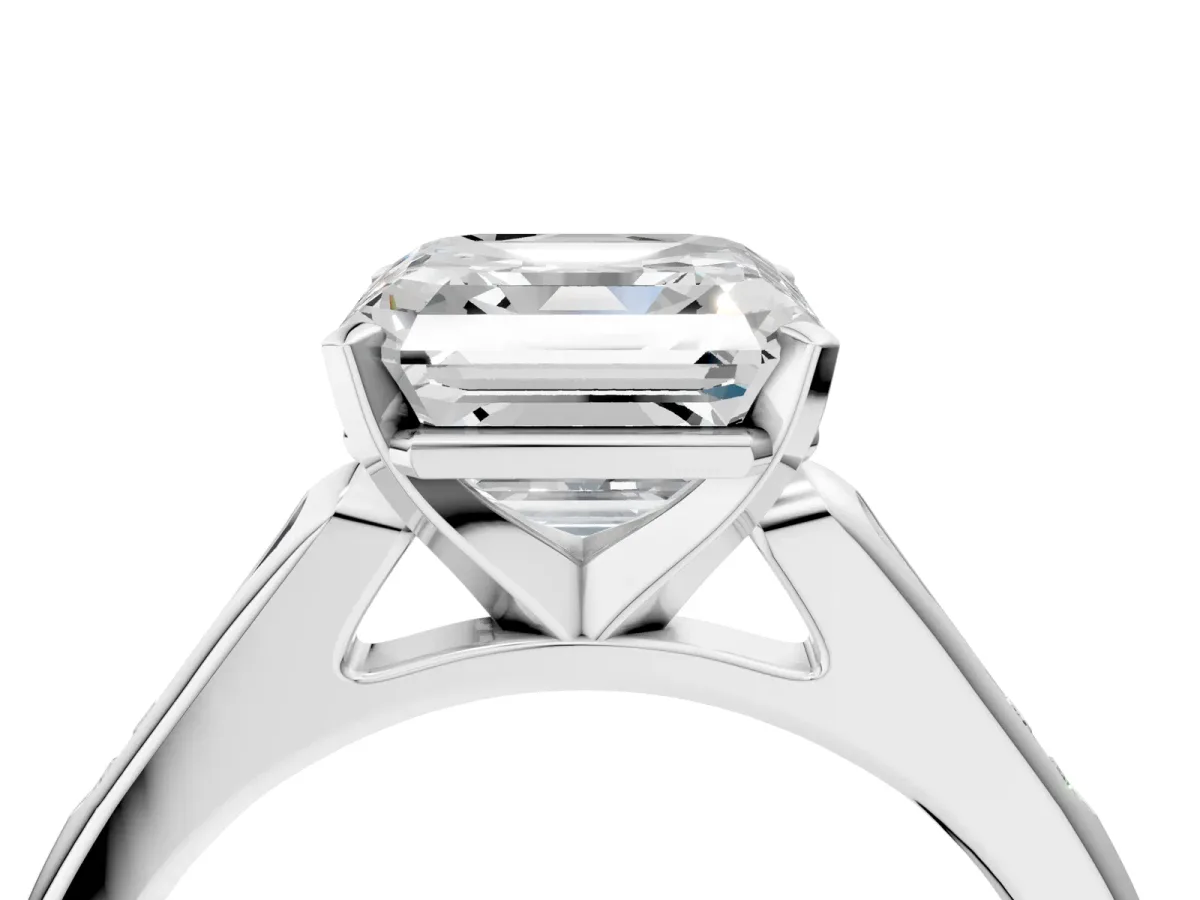 Asscher Cut Diamond Solitaire Ring with Channel Set Round Band and Prong Setting Silver