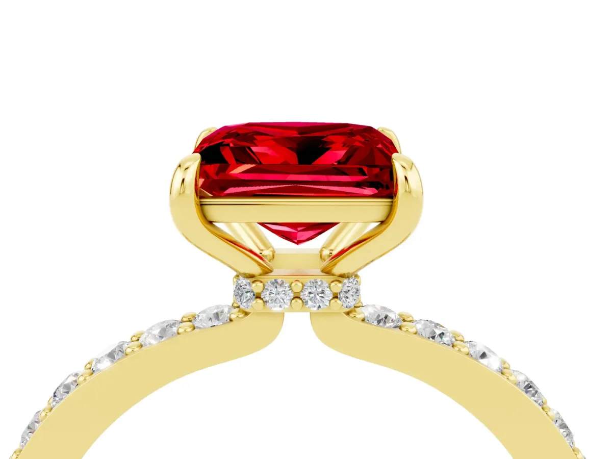 Princess Cut Ruby Solitaire Engagement Ring with Pavé Band and Four-Prong Setting Yellow gold