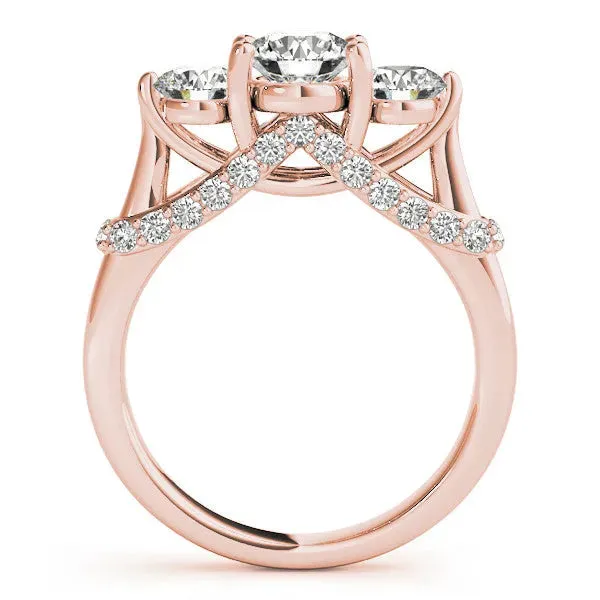 Round Cut Diamond Three-Stone Ring with Prong Setting and Pavé Band Rose gold