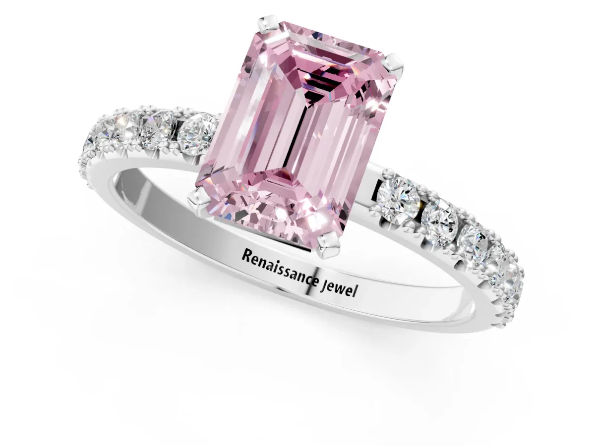 Fancy Pink Emerald Cut Diamond Solitaire Pavé Band with Four-Prong Setting Platinum