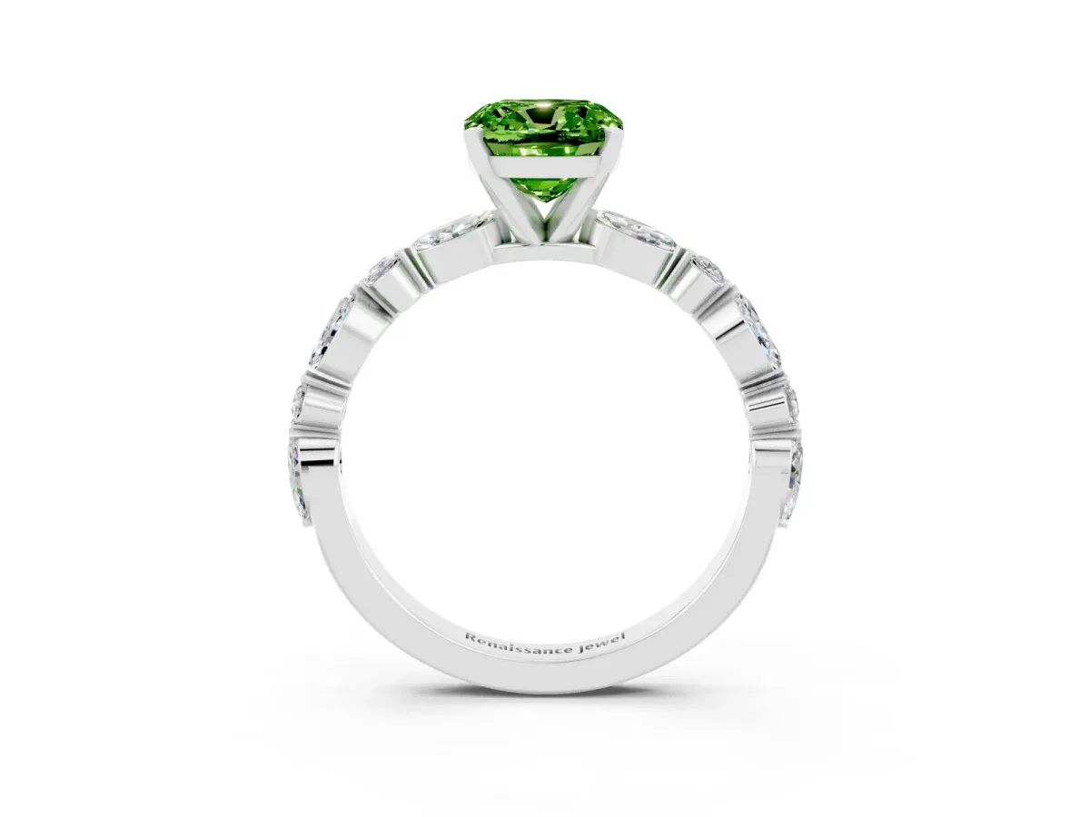 Cushion Cut Peridot Ring with Marquise and Round Side Stones and Four-Prong Setting Silver