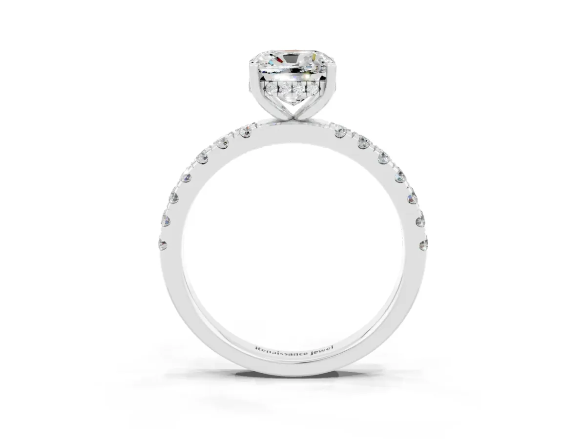 Cushion Cut Moissanite Pave Band Solitaire Ring with Round and Prong Setting Platinum