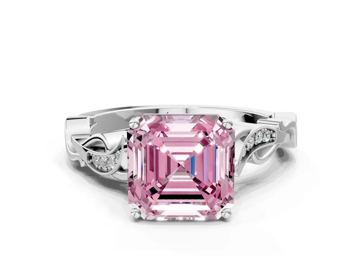 Fancy Pink Asscher Cut Solitaire Vine Band with Milgrain Prong Setting Platinum