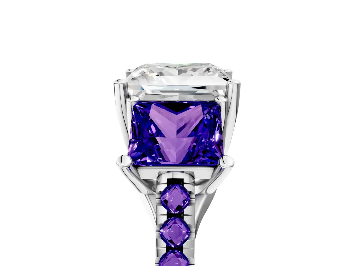 Three-Stone Princess Cut Diamond Ring with Round Tanzanite Pavé Band and Prong Setting Silver