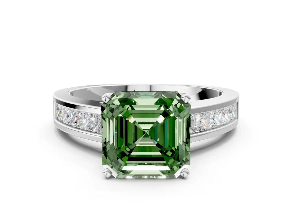 Fancy Green Asscher Cut Solitaire Diamond Ring with Channel-Set Band and Four-Prong Setting Platinum