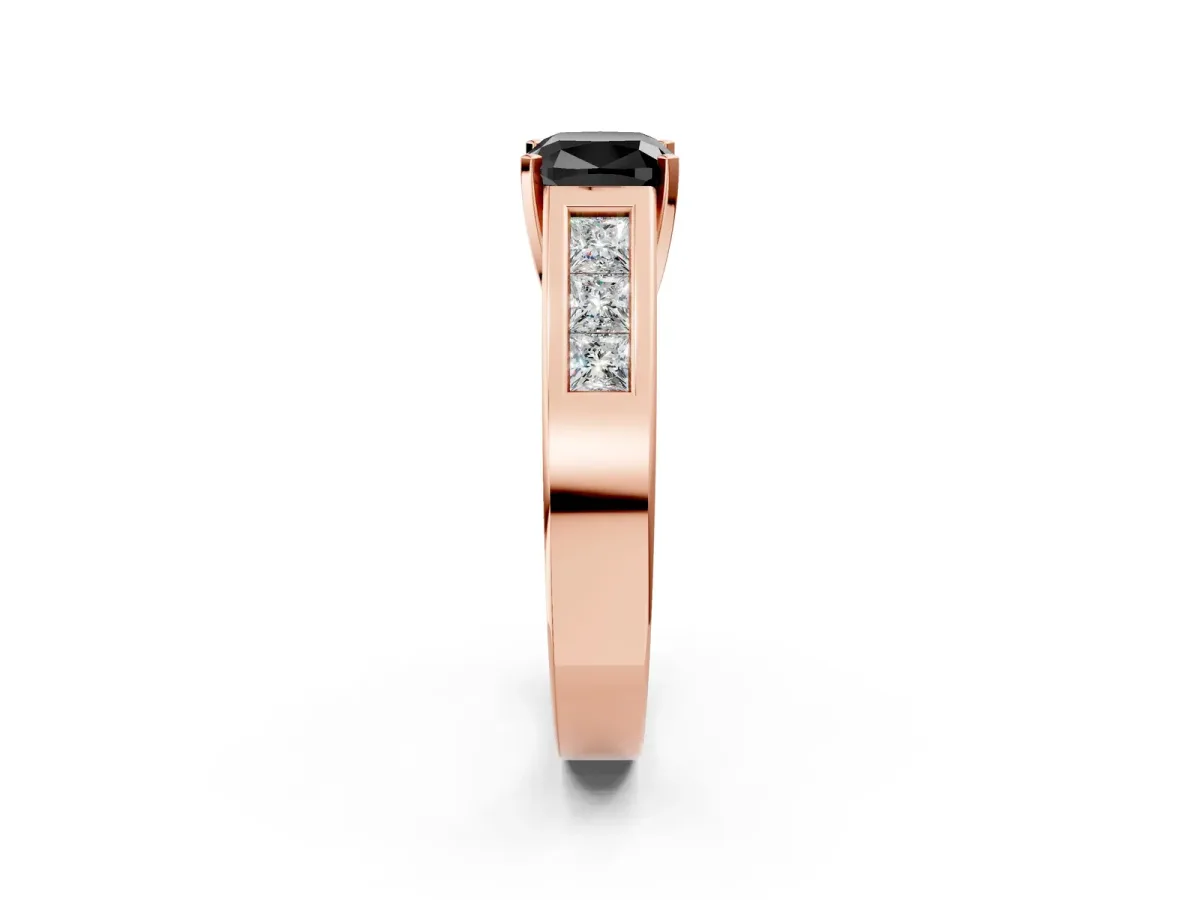 Fancy Black Cushion Cut Cut Channel Set Solitaire Ring with Four-Prong Setting Rose gold