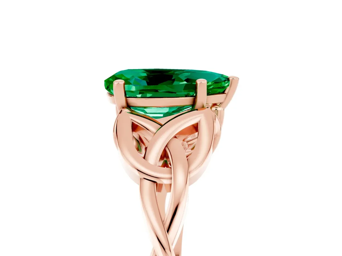 Pear Cut Emerald Solitaire Celtic Knot Ring with Four-Prong Setting Rose gold