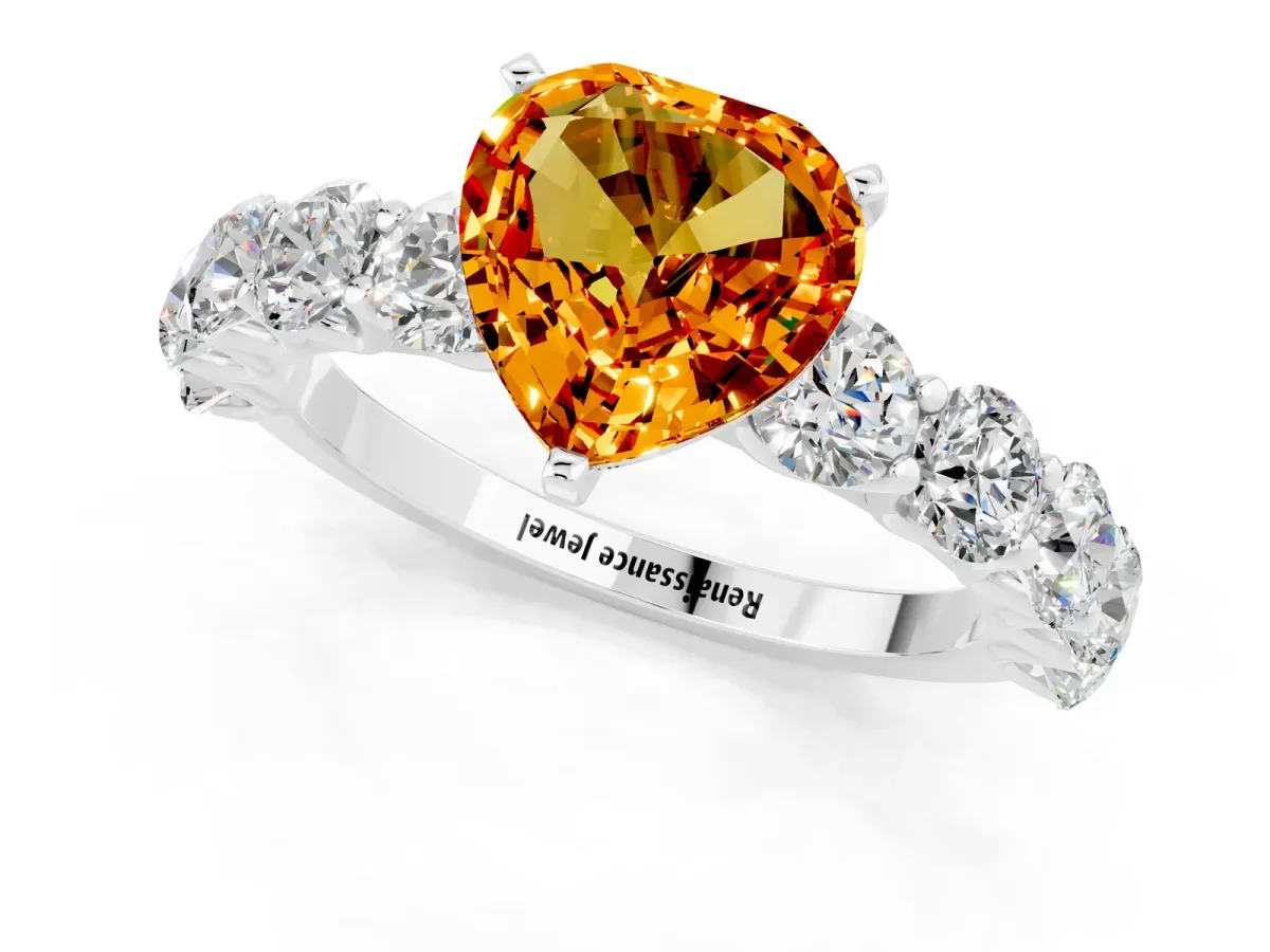 Heart Cut Citrine Prong Setting with Side Stones on a Pave Band Platinum