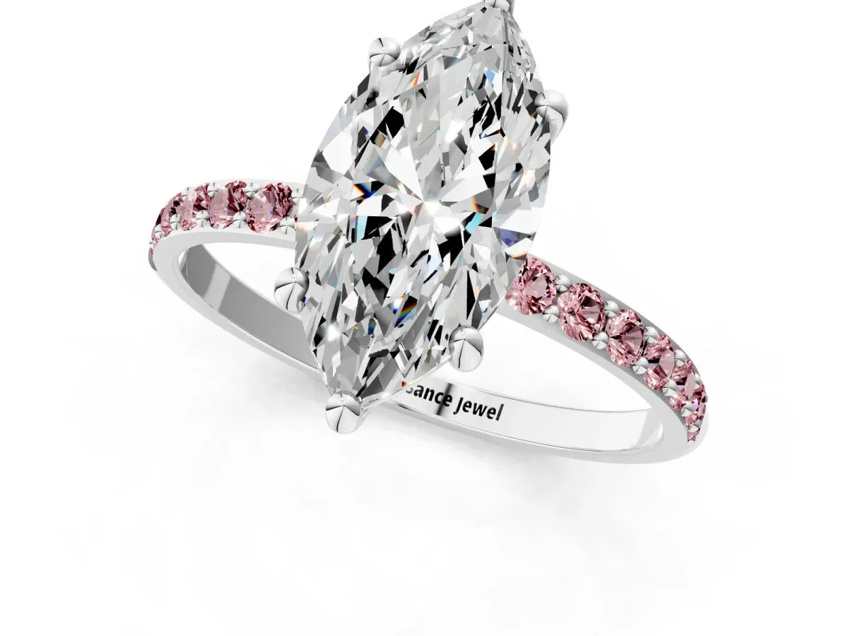 Marquise Cut Diamond Solitaire Ring with Round Morganite Pavé Band and Prong Setting Silver