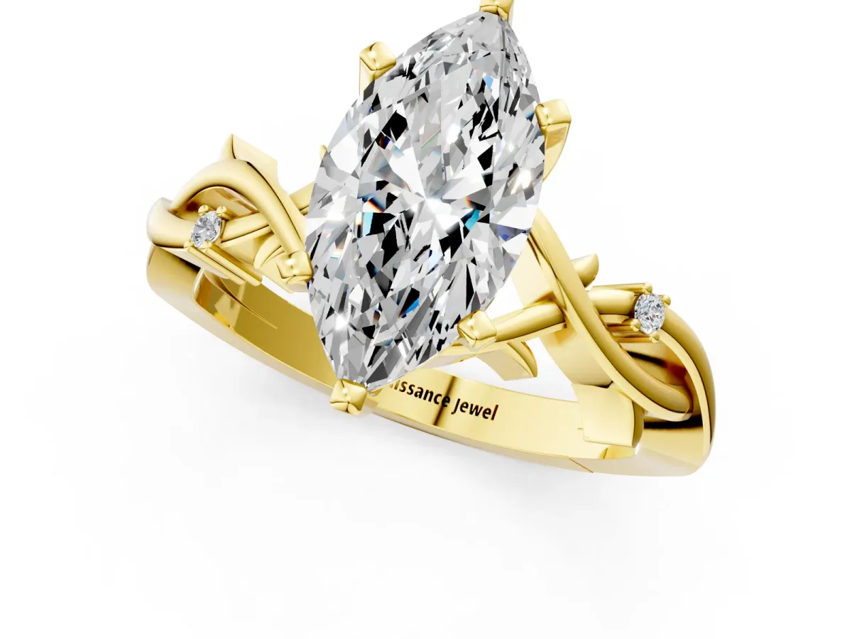 Marquise Cut Diamond Solitaire Ring with Twisted Band and Prong Setting Yellow gold