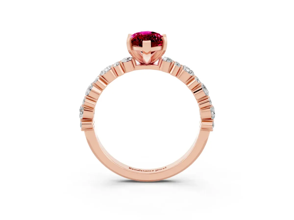 Marquise Cut Garnet Side Stone Solitaire Ring with Round and Four-Prong Setting Rose gold